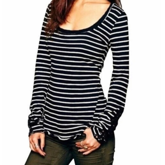Free People Tops - Free People | Black and White Stripe Crochet Cuff Long Sleeve Tee
